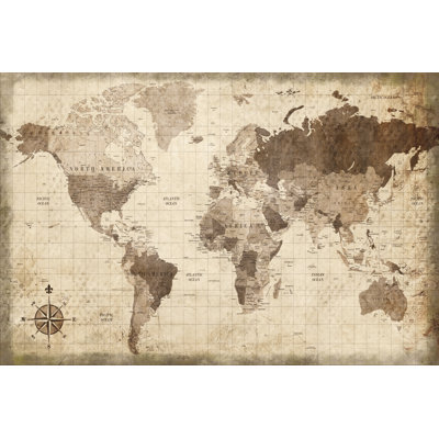 World Map Distressed 1 Piece Wrapped Canvas Wall Art