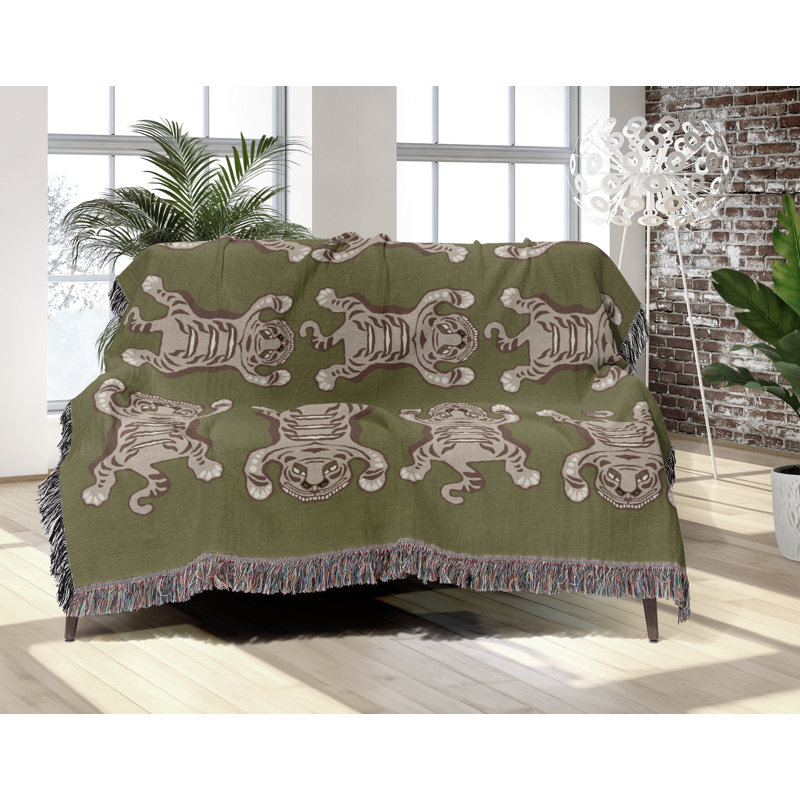 Jeté en mélange de coton Usha, Chartreuse / blanc cassé, L 60 po x l 50 po