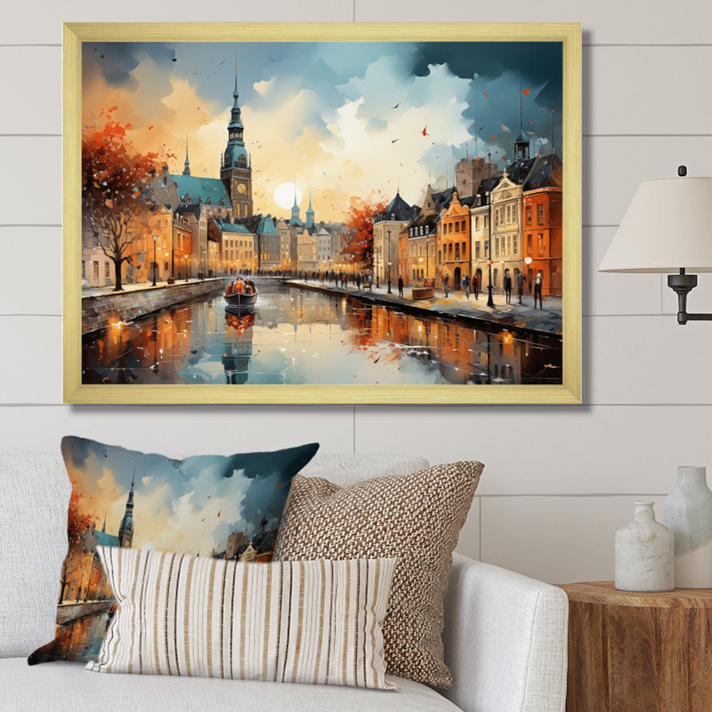 Danemark, paysage urbain symphonie II sur toile, Encadrement doré, H 30 po x l 40 po x P 1,5 po