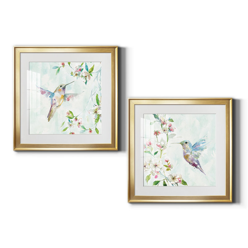 Colibri I - peinture encadrée sur papier, Papier encadré doré, H 17,5 po x l 35 po x P 1,5 po, Blanc
