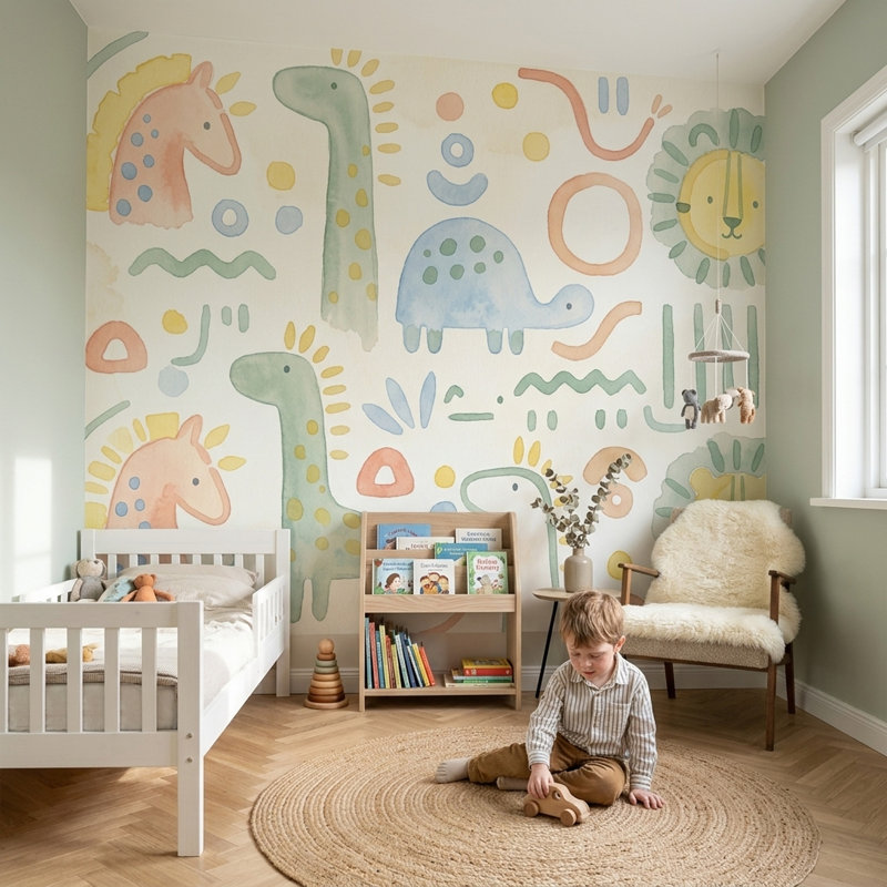Décoration murale de chambre de bébé pastel safari amovible, 140 po x 108 po, Non tissé