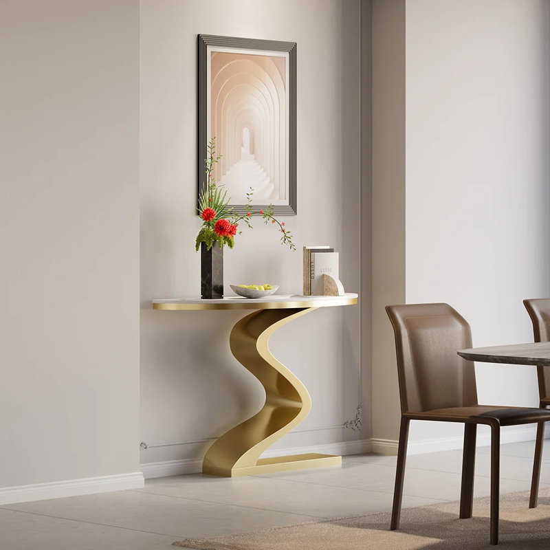 Modern 39.4" White & Gold Curved Console Table with Sintered Stone Top Half Moon Shape, White/Gold