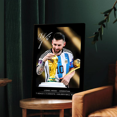 1 PC mural, affiches encadrées, Lionel Messi, Coupe du monde de l'Argentine, trophée signé, affiche, peinture décorative, étoile de football, gagnant du ballon d'or, 7 buts, 3 passants, art mural pour le salon, chambre à coucher, ventilateur de sport, cadeau, décoration intérieure
