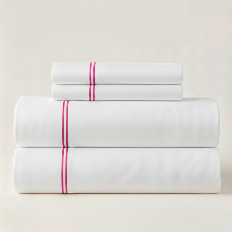 500TC Cotton Double Embroidery Sateen Solid Cotton 4 Piece Sheet Set Fitted Sheet Fits Upto 16" Deep Pocket, Queen Sheet Set