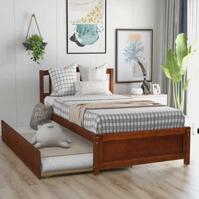 Lit plateforme simple en bois noyer avec lit gigogne amovible - Structure polyvalente pour chambre à coucher et mobilier élégant