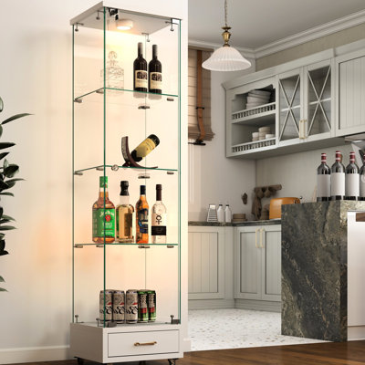 Vitrine antique en verre trempé à assemblage rapide avec lumières à DEL, armoire à 4 tablettes et 1 porte pour les petits espaces dans les tiroirs de bureau ou de chambre à coucher et décor décoratif
