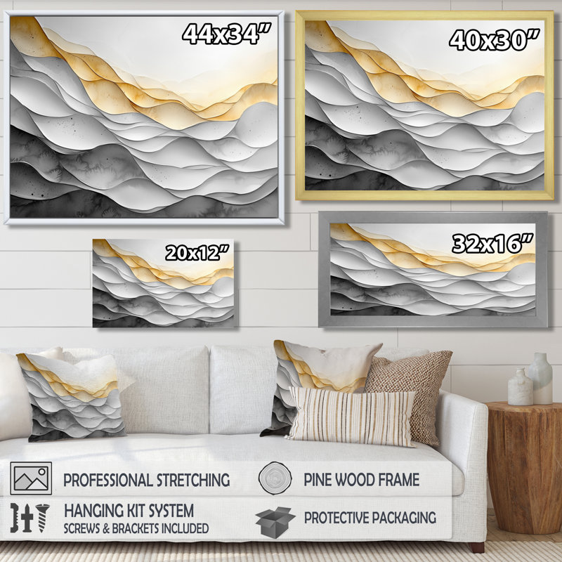 Oletha blanc jaune aurore vague du temps II - Constructivisme, art mural, Toile tendue, H 16 po x l 32 po, Ne s'applique pas