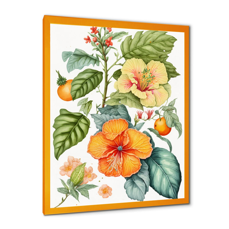 «Blossiming Yellow Retro Hibiscus I - Floral Hibiscus, art mural sur toile, Encadrement doré, H 44 po x l 34 po x P 1,5 po