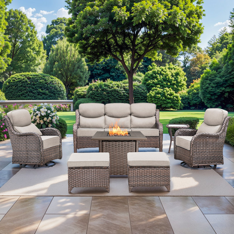 High Back Outdoor Furniture With 6-Inch Extra Thick Cushions, Patio Furniture Set With Fire Pit Table & Swivel Chairs, 7 PCS Wicker Conversation Set For Yard, Deck, Poolside