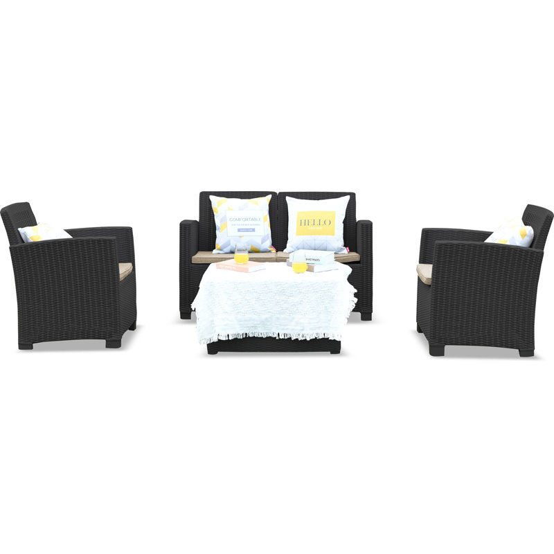 Henryk Plastic 4 - Person Deep Seating Group with Cushions, Black