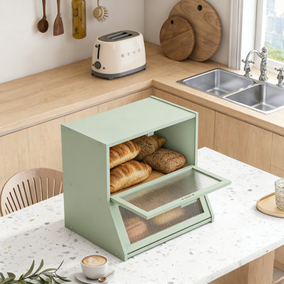Boîte à pain en bambou à double couche avec porte ondulée en acrylique, récipient de rangement de comptoir de cuisine de grande capacité pour le pain et les produits de boulangerie