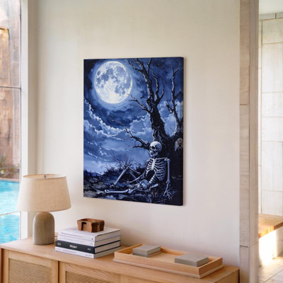 Art mural mural squelette et arbre au clair de lune bleu glacé art nocturne gothique prêt à accrocher