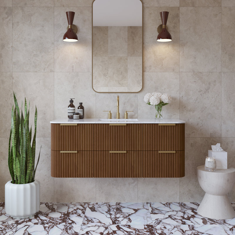 Kensington Floating Vanity 48" Single Vanity, Brown Reeded Birch