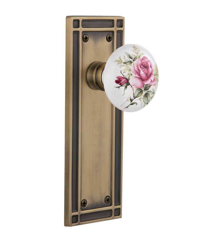 Mission Plate with White Rose Porcelain Door Knob, Antique Brass, 2-3/4"