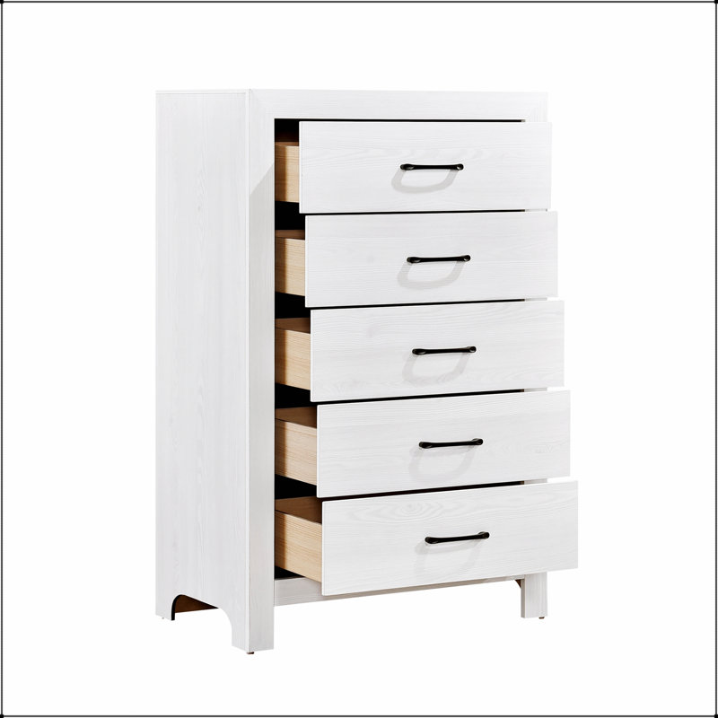 Commode de rangement blanche à 5 tiroirs avec quincaillerie noire, aucun assemblage requis, parfaite pour les chambres à coucher modernes et la vie organisée.