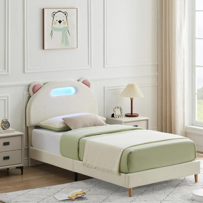Twin Size Beige Upholstered Platform Bed Frame For s With LED Headboard Wooden Slats