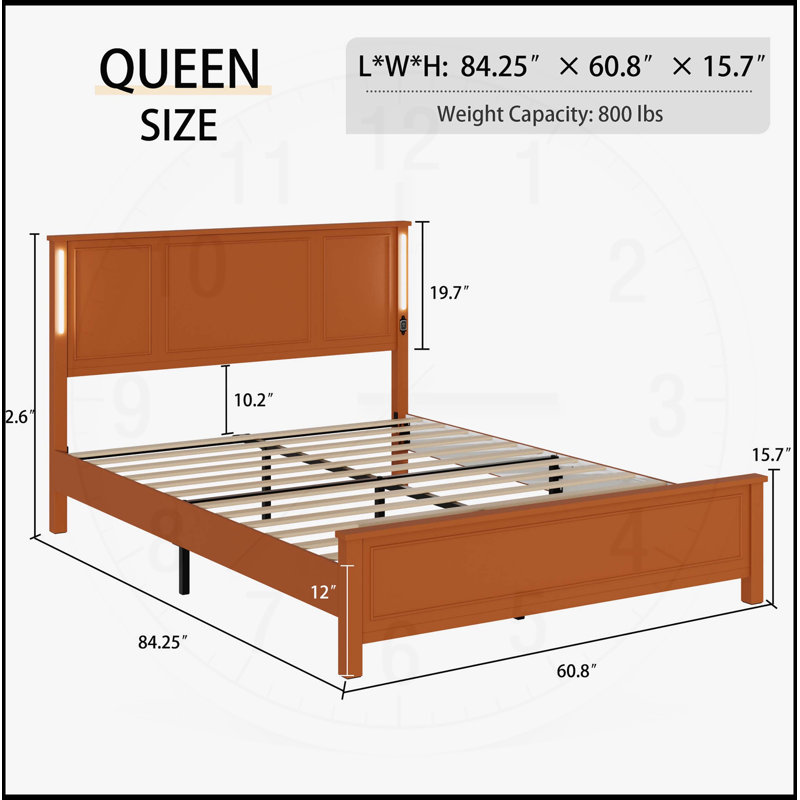 Structure de lit plateforme grand lit avec tête de lit en bois, station de charge, lumières DEL et support à 12 lattes de bois, aucun sommier nécessaire, brun