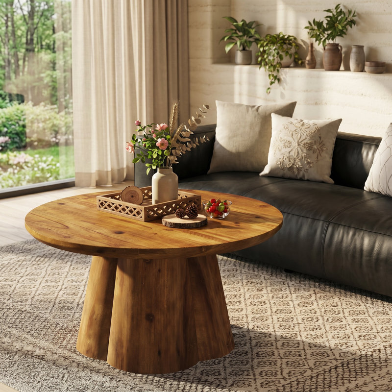 Table basse ronde en bois massif de 31,5 po, table de salon de ferme avec base robuste pour petits espaces, facile à assembler
