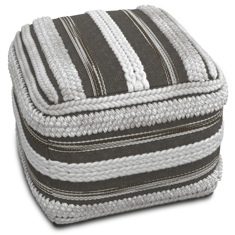 Sommer 18"W Handcrafted Cotton Square Pouf, Natural/Taupe Grey Cotton/Polystyrene Filling