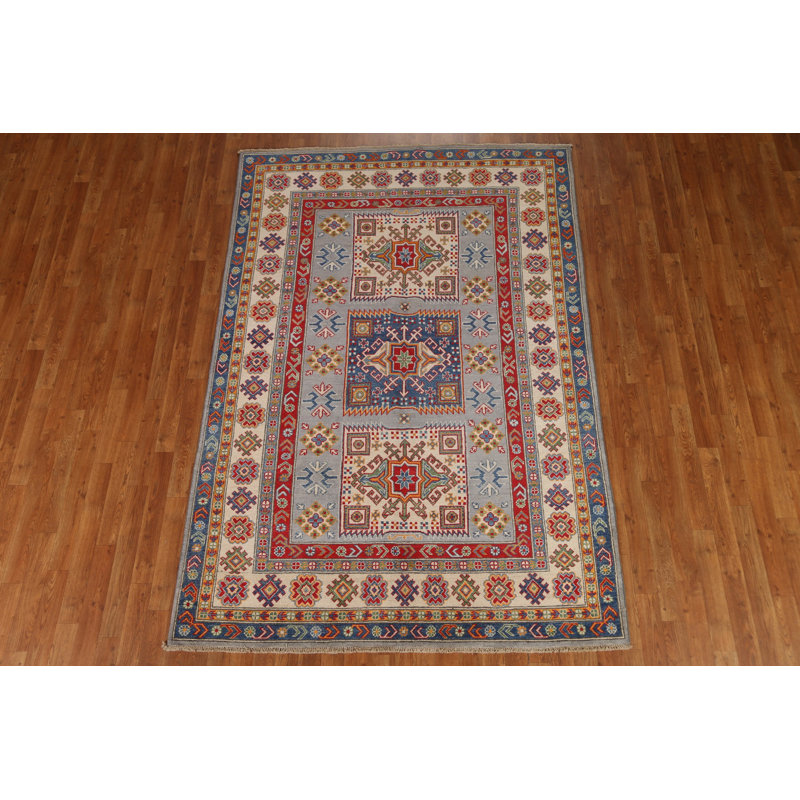 Tapis gris / bleu / rouge en laine noué à la main de conception unique 5 pi 7 po x 8 pi 3 po New Age