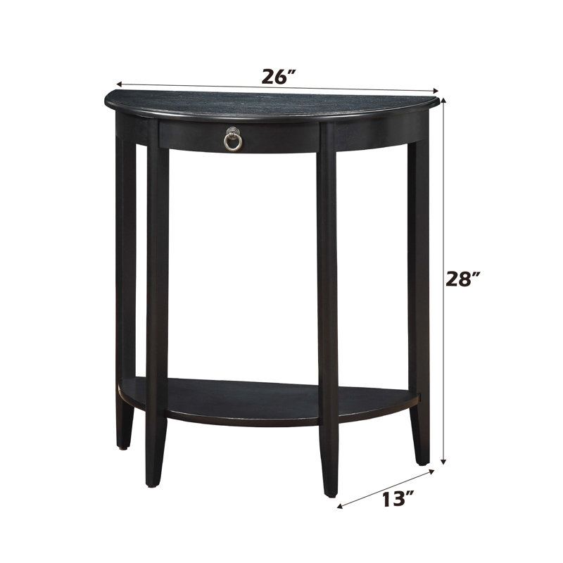 Console en demi-lune noire avec compartiment ouvert sur l'étagère inférieure, plateau en bois, 4 pieds carrés en pin massif, 1 tiroir, hauteur de 49,3 cm entre le plateau et l'anneau de fixation au sol de 12,7 cm.