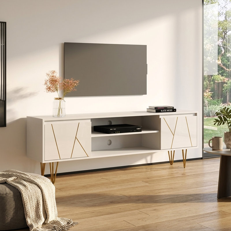 Meuble télé 70,9 po avec finition haute brillance Gangoul, Blanc