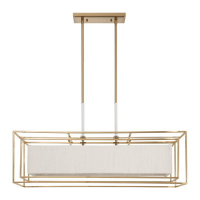 Lustre linéaire en laiton à 5 lumières de 42 pouces avec abat-jour en coton crème Bronaugh