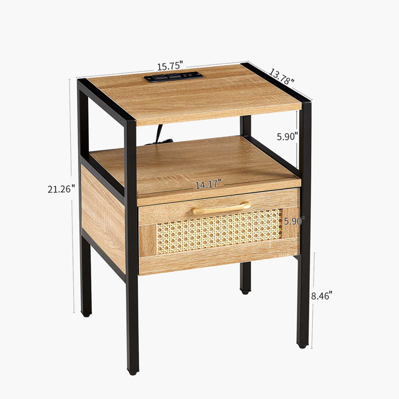 Table de bout en rotin avec prise de courant et ports USB, Naturel/noir, 2