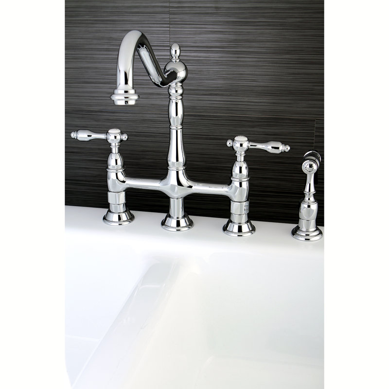 Kingston Brass Tudor Two-Handle 4-Hole Deck Mount Bridge Kitchen Faucet with Brass Side Sprayer, Polished Chrome