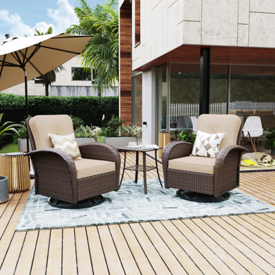  3-piece wicker swivel chairs with Beige cushions