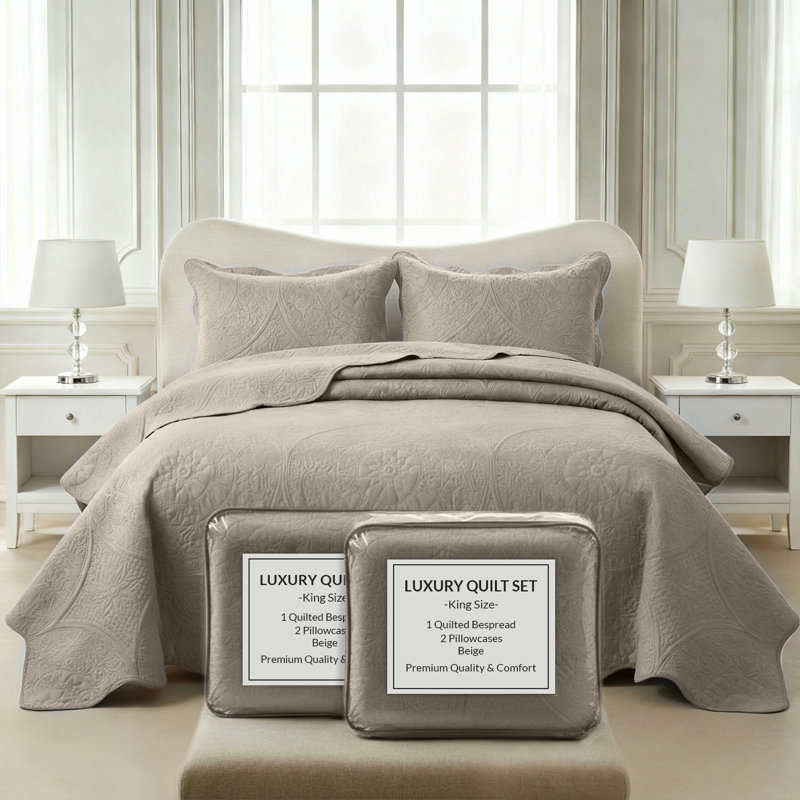 Ensemble de couvre-lit matelassé réversible léger toutes saisons avec taies décoratives, Beige