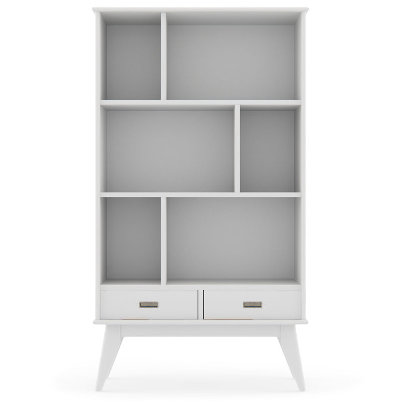 Draper 64"H Solid Wood Mid-Century Modern Wide Bookshelf with Adjustable Shelves and Tapered Legs, White