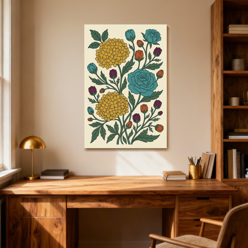 Plantes et fleurs avec motif floral jaune et bleu, H 18 po x l 12 po