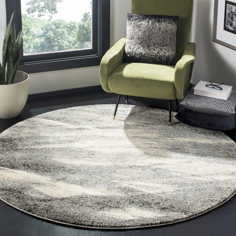 Tapis gris et ivoire abstrait Kruse, Rond 8 pi, Grey