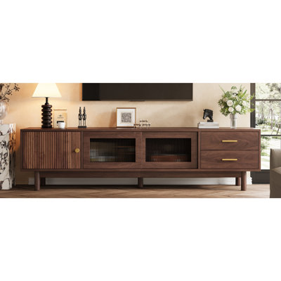 70 Inch Mid Century Modern TV Stand For Tvs Up To 80, Entertainment Center With Glass Sliding Doors And 2 Drawers For Living Room Bedroom