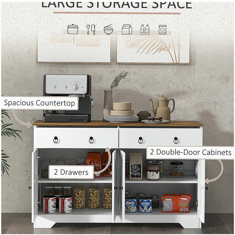 Buffet HOMcom avec 2 tiroirs, 2 armoires de rangement, 4 portes de grange et tablettes réglables, buffet de style campagnard avec rangement, plateau en grain de bois, blanc