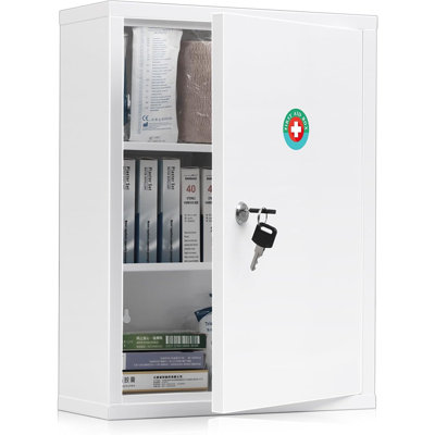 Armoire à pharmacie murale verrouillable, rangement pour premiers soins en acier avec clé, armoire à pharmacie sécurisée, blanc