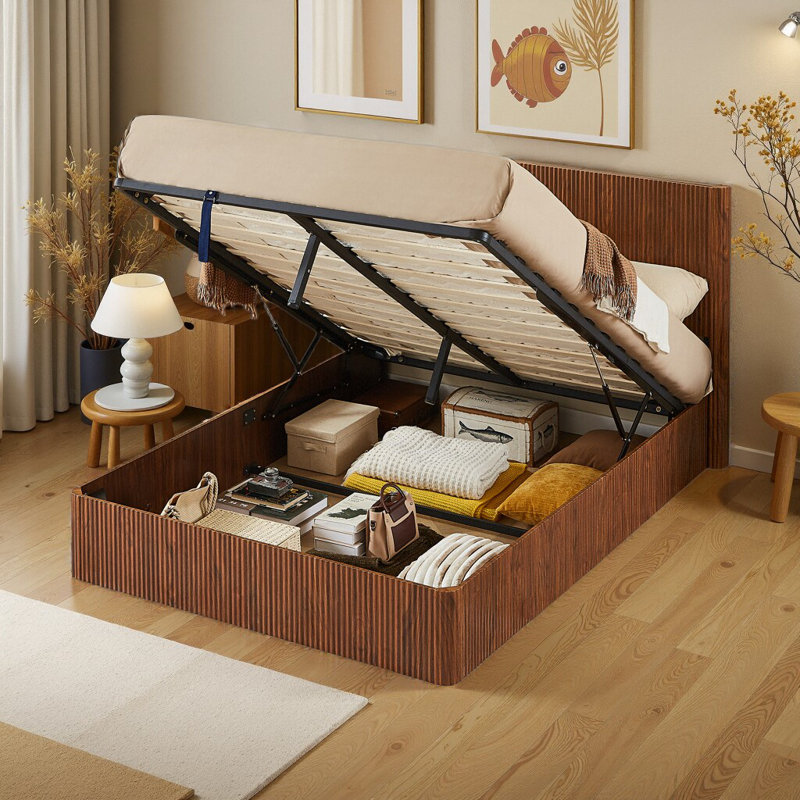 Cadre de lit à grand lit avec rangement relevable et accents en bois courbé - Finition chêne, aucun sommier nécessaire, assemblage facile