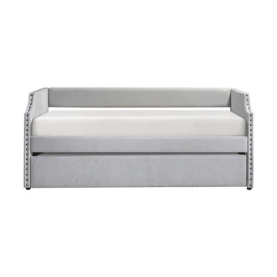 Modern Contemporary Daybed with Pull-Out Trundle, Textured Fabric Upholstery, and Space-Saving Design for Guest Rooms or Small Spaces.