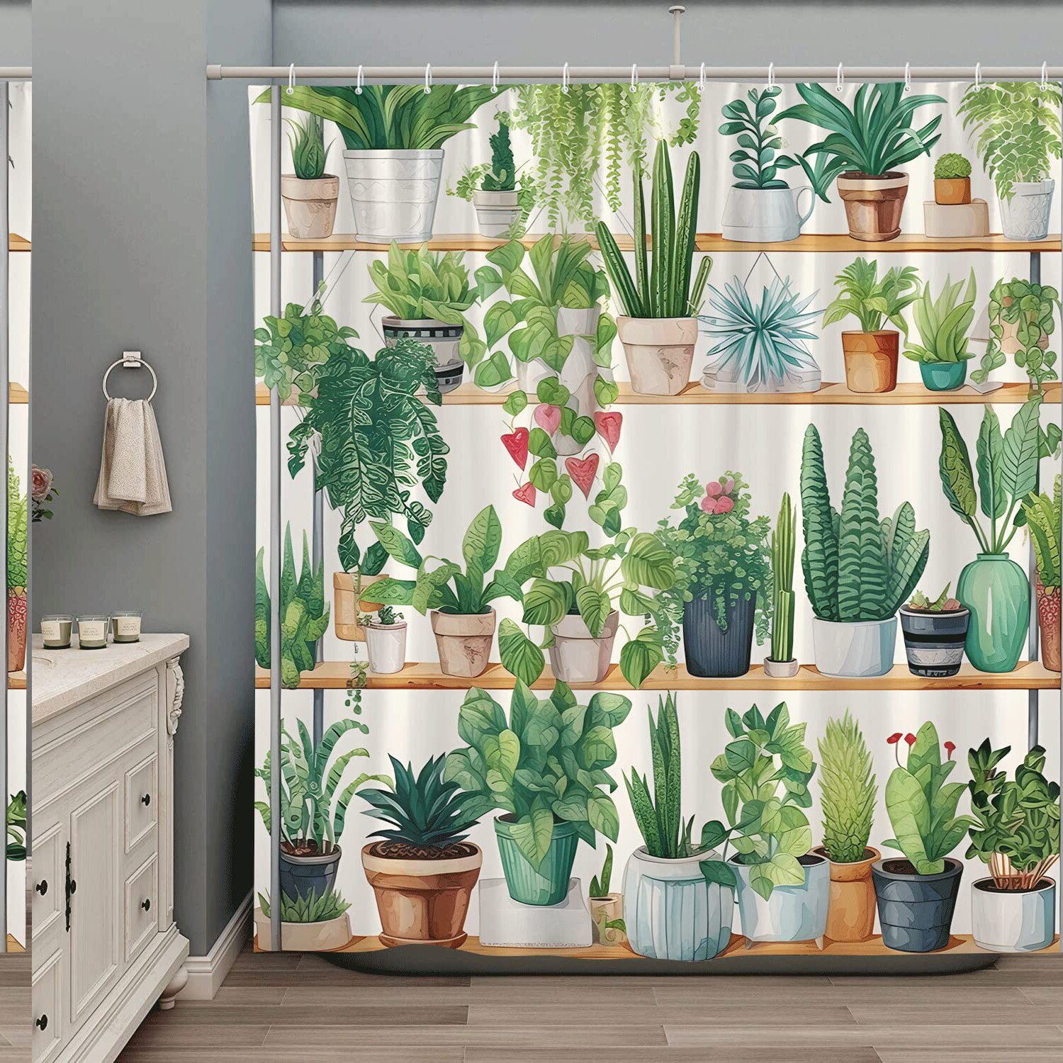 Boho Botanical Shower Curtain - Tropical Green Plant, Floral Leaves, Cactus Succulent, Spring Garden Decor, Polyester Fabric with Hooks Dakota Fields, image size:1500x1500