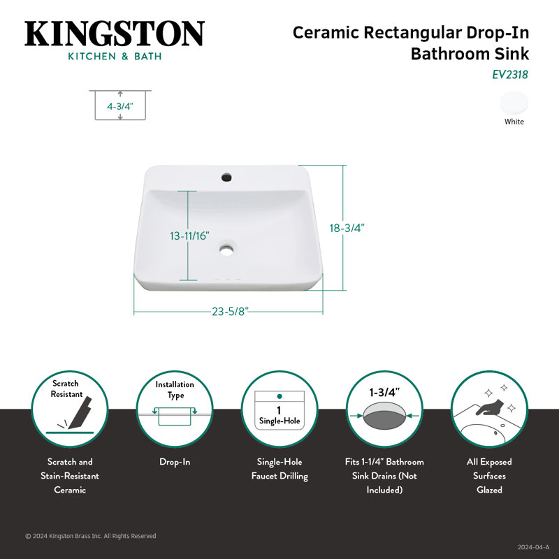 Kingston Brass Century Ceramic Rectangular Drop-In Bathroom Sink