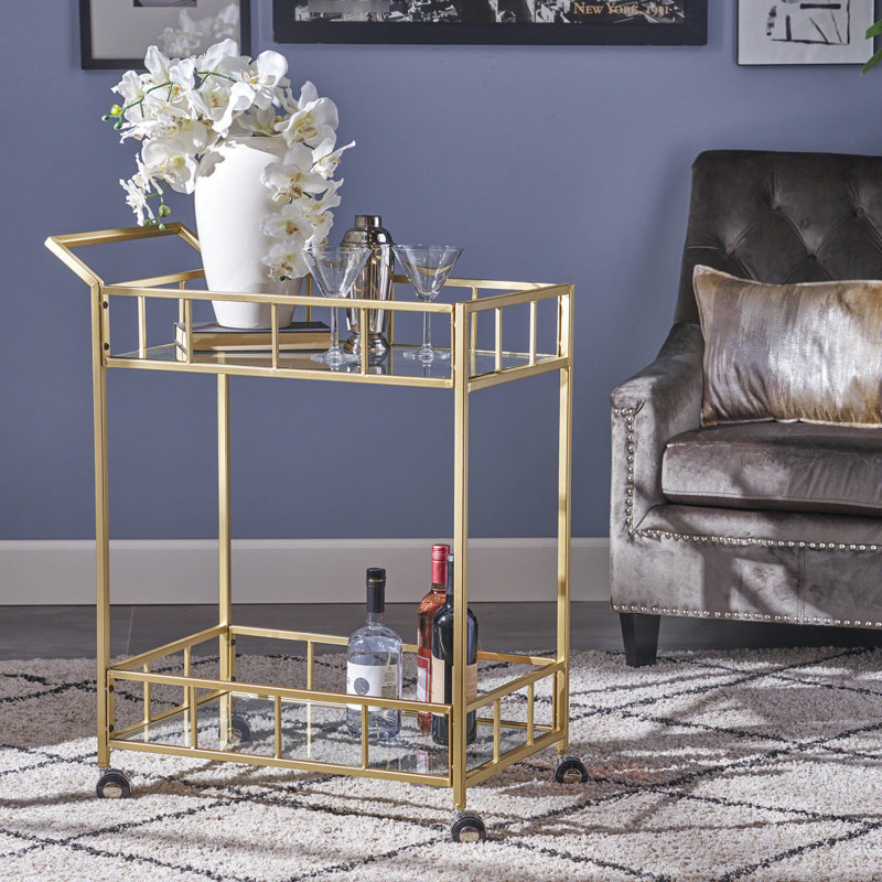 Chariot-bar avec structure en métal et tablettes en verre transparent