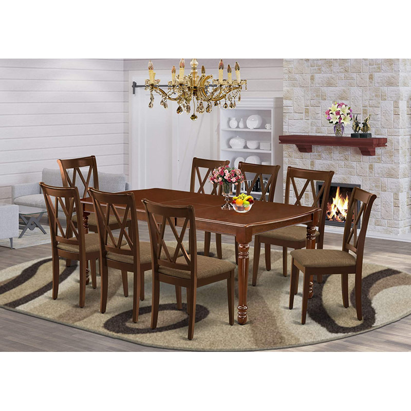 Table et chaises de cuisine 9 pièces comprenant une table de salle à manger rectangulaire avec rallonge papillon et 8 chaises de salle à manger en tissu de lin, acajou