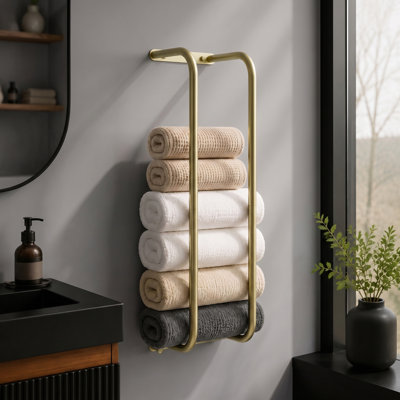 Élégant porte-serviettes rond en or brossé avec crochets doubles