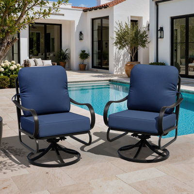 Chaises de patio pivotantes d'extérieur 2 pièces, avec structure en métal et coussins bleus épais de 5,3 po
