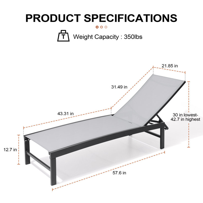 Chaise longue de patio inclinable en métal, Gris clair