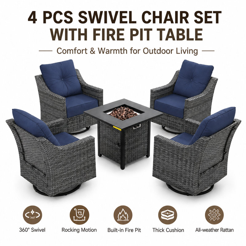 5 Piece Outdoor Patio Furniture Set With 50,000 Btu Fire Pit Table, 4 Wicker Swivel Chairs With 6 Inch Olefin Cushions, Patio Conversation Set For Backyard, Deck, Porch, Gray/blue