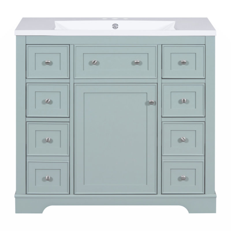 Green Solid Wood and MDF Freestanding Bathroom Vanity with Ceramic Sink