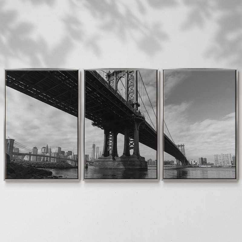 Manhattan Bridge, impression sur toile 3 pièces, H 24 po x l 48 po x P 2 po, Argent