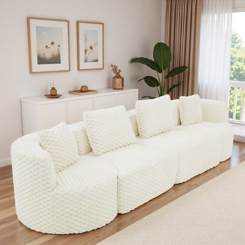 Canapé modulaire modulaire avec silhouette arrondie et coussins, White